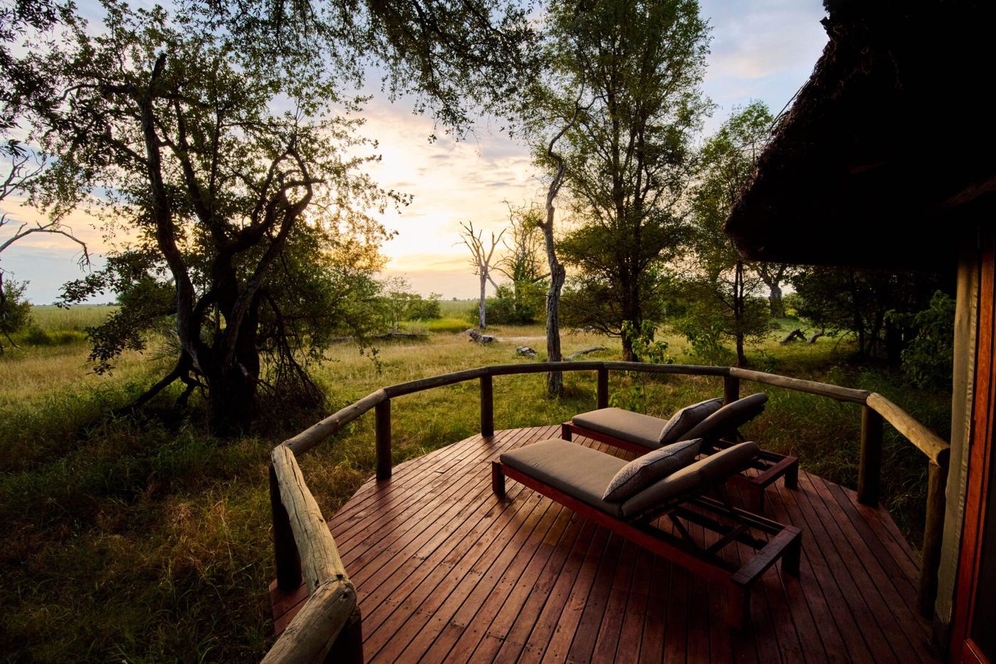 Two loungers on a private deck at Camp Moremi, looking out over grassland in late light