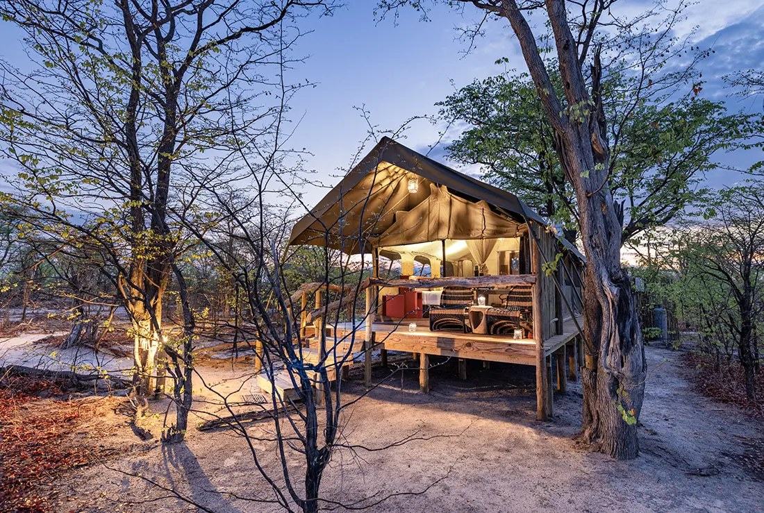 A raised canvas tent at Elephant Pan, its veranda lamps lit at dusk