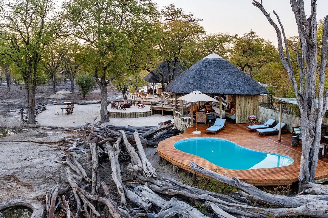 Kidney-shaped pool and loungers on the Elephant Pan deck, ringed by weathered logs