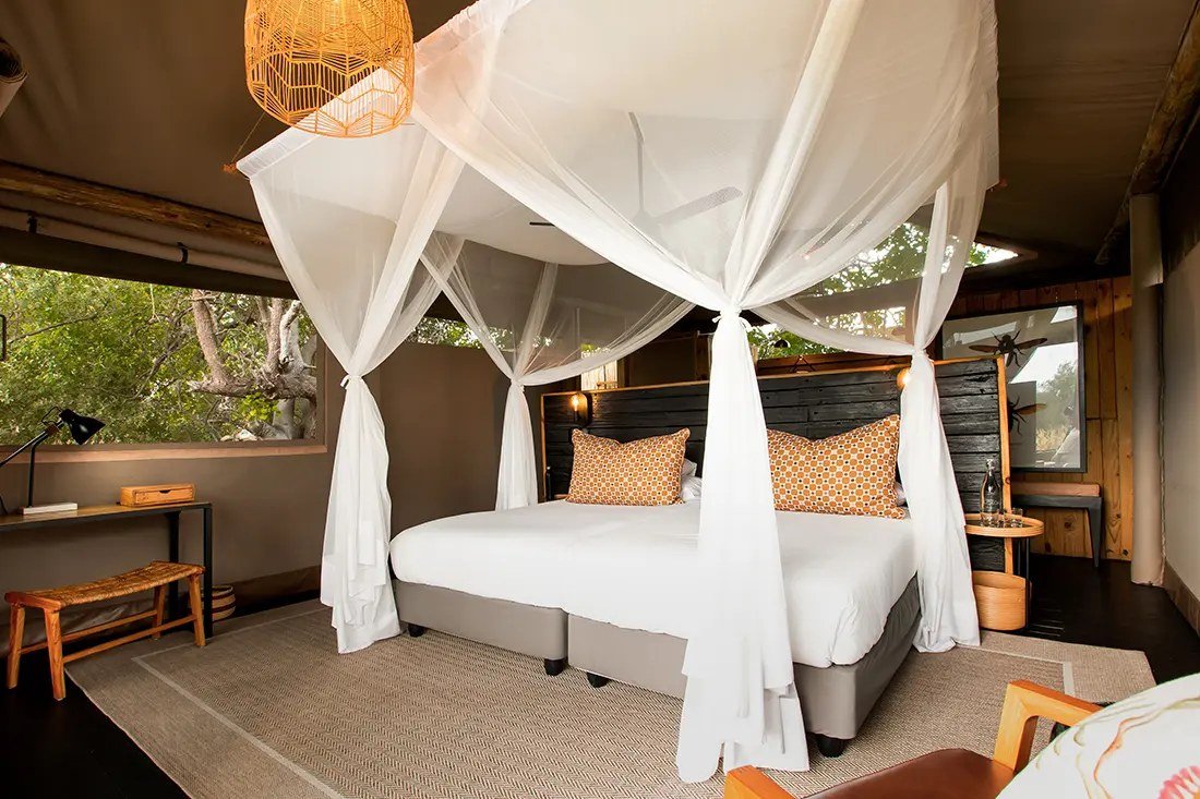 Twin beds under white mosquito netting inside a canvas suite at Little Sable