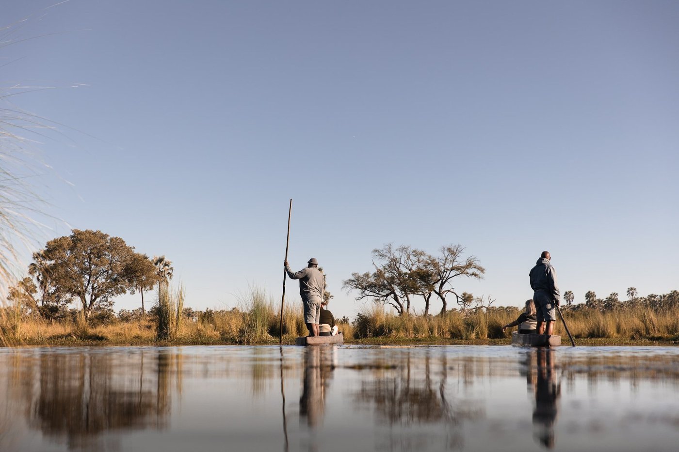 Polers guide two mokoros through still water on an outing from Qorokwe Camp