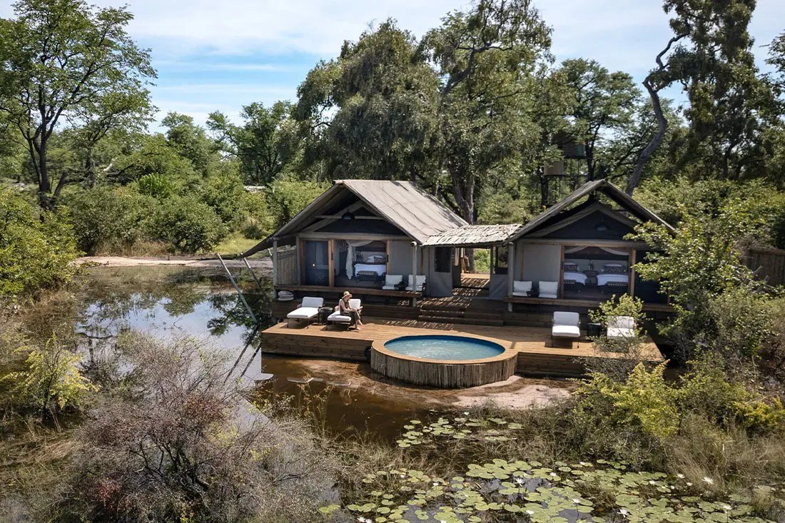 The Sable Alley family tent: two canvas rooms sharing a deck and plunge pool